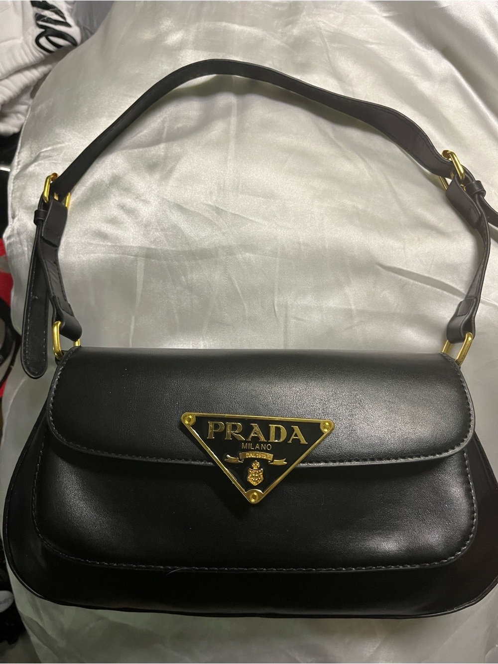 Prada Black Leather Shoulder Bag with Gold Triangle Logo